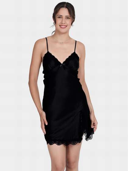 Shyle Black Beauty V Neckline Lace Satin Chemise