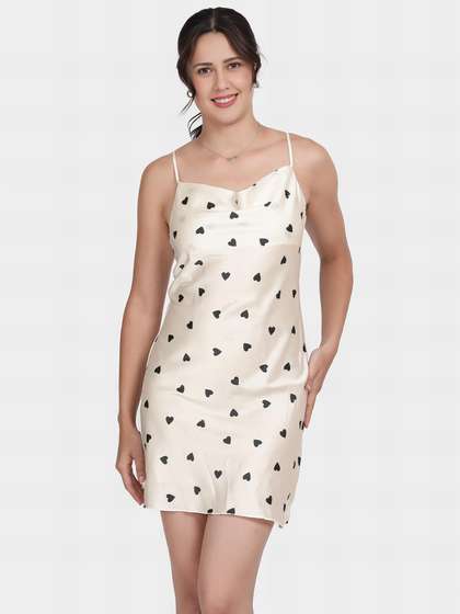 Shyle White Heart Printed Cowl Neckline Satin Chemise