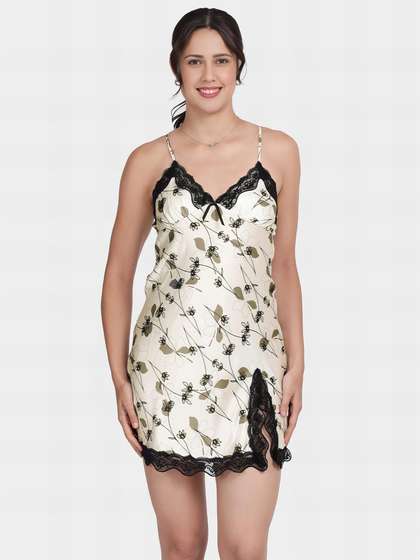 Shyle White Black Triangular Lace Cup Satin Chemise
