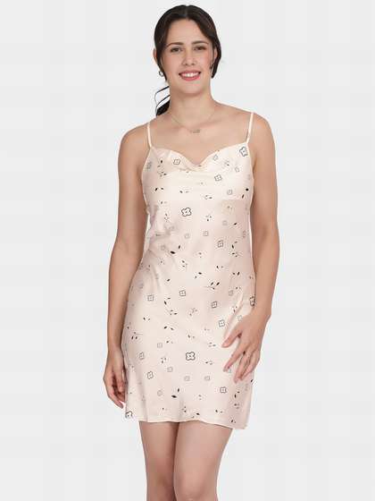 Shyle Black White Printed Cowl Neckline Satin Chemise