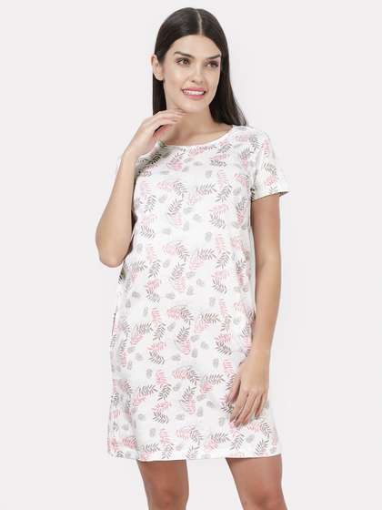 Shyaway White Pink Leaf Printed Casual Sleep Tee
