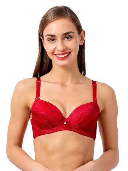 Susie Hot Red Lace Neckline Satin Padded Wired Bra