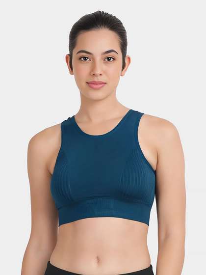 Shyle Blue Steel Eyelet Knit Breathable Seamless Sports Bra