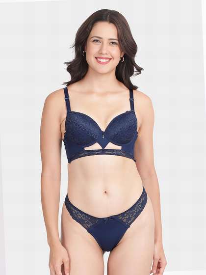 Shyle Dark Blue Decorative Gore Pushup Bra And Thong Panty Lingerie Set