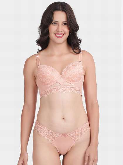 Shyle Peach Decorative Gore Pushup Bra And Thong Panty Lingerie Set
