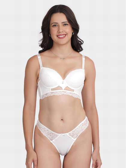 Shyle White Decorative Gore Pushup Bra And Thong Panty Lingerie Set