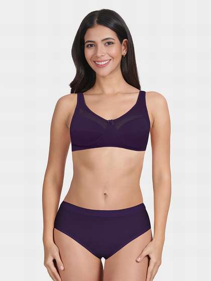 Susie Dark Purple Mesh Neckline Non Padded Everyday Bra Lingerie Set