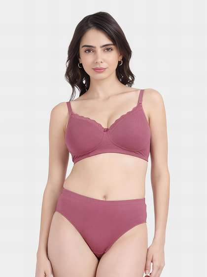 Susie Mellow Mauve Elegant Lace Neckline Padded Non Wired Bra Lingerie Set