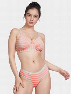 Taabu Salmon Peach Padded Striped Cotton Lingerie Set