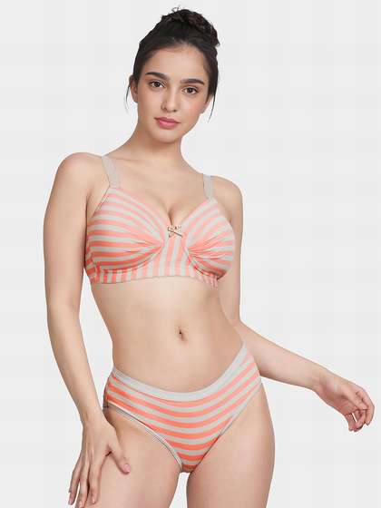Taabu Salmon Peach Padded Striped Cotton Lingerie Set