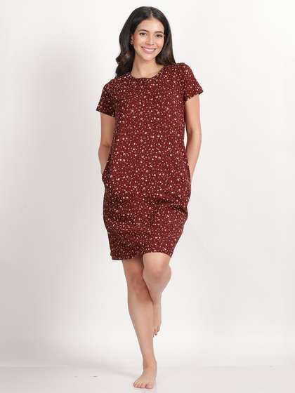 Shyaway Cabernet Red Dainty Floral Printed Casual Sleep Tee