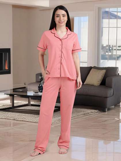 Shyaway Mauve Glow Contrast Piping Pyjama Set