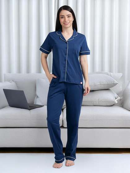 Shyaway Navy Peony Contrast Piping Pyjama Set