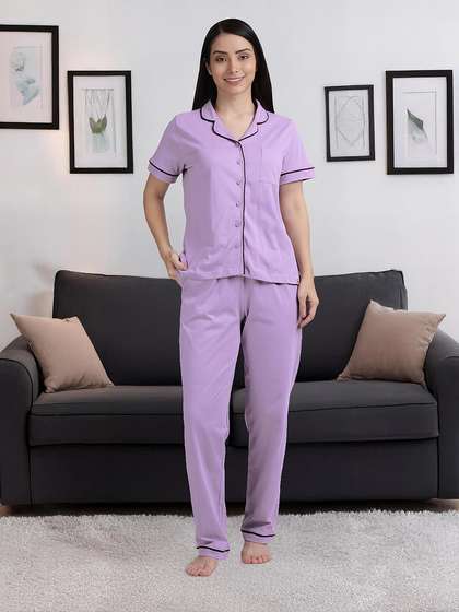 Shyaway Pastel Lilac Contrast Piping Pyjama Set