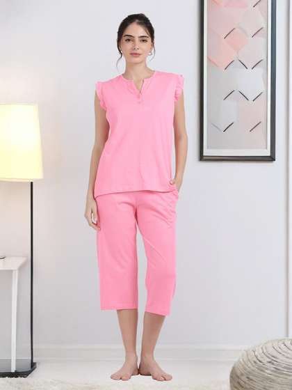 Shyaway Plumeria Pink Ruffled Sleeve Capri Set
