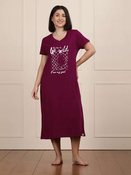 Shyaway Beet Red V Neck Printed Sleep Tee