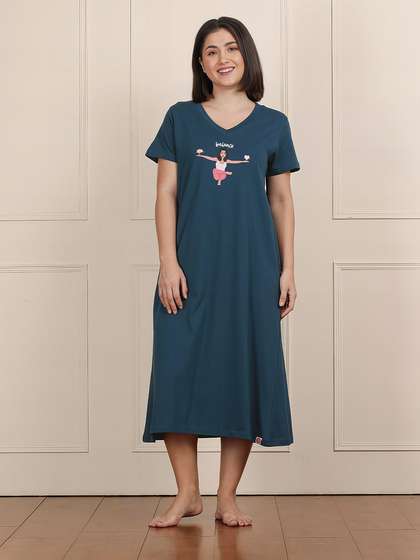 Shyaway Majolica Blue V Neck Printed Sleep Tee