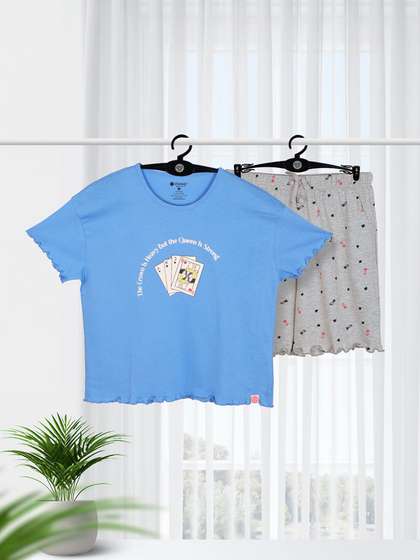 Shyaway Blue Grey Decorative Hem Cozy Pyjama Shorts Set