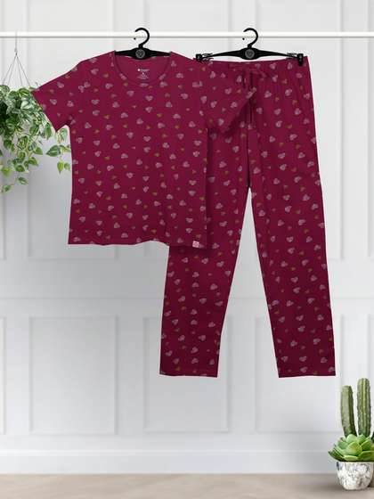 Shyaway Beet Red All Over Printed Pyjama Set