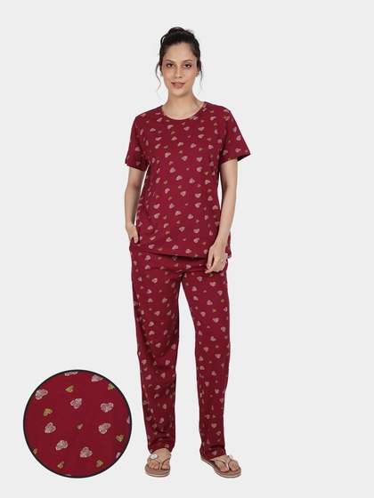Shyaway Beet Red All Over Printed Pyjama Set
