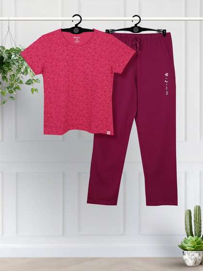 Shyaway Virtual Pink Contrast Bottom Printed Pyjama Set