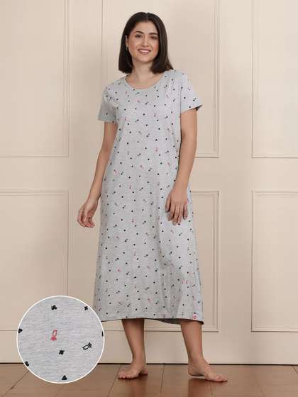 Shyaway Grey Melange All Over Printed Cozy Sleep Tee