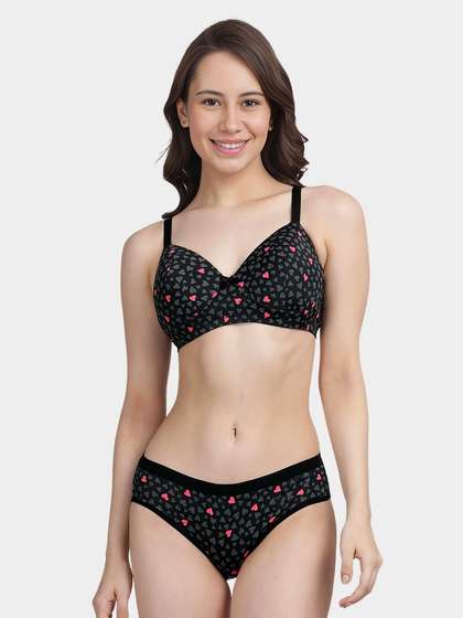 Taabu Black Pink Heart Printed Lingerie Set