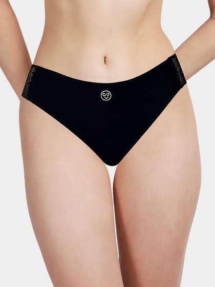 Susie Black Beauty Solid Seamless Thong Decorative Lace Panty