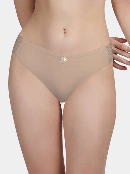 Susie Sand Skin Solid Seamless Thong Decorative Lace Panty