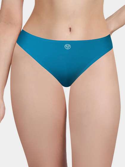 Susie Caribbean Blue Solid Seamless Decorative Back Thong Panty