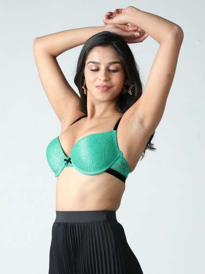 Susie Green Lace Black Strap Padded Underwire Plunge Bra