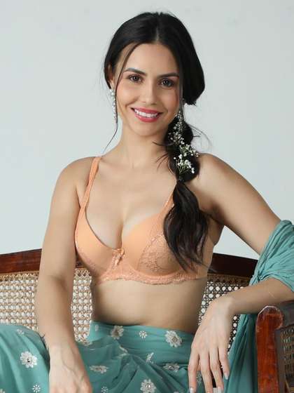 Susie Buff Skin Padded Wired Lace Strap Designer Plunge Bra