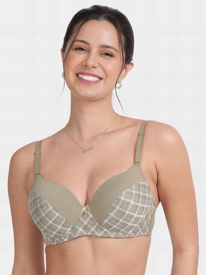 Susie Olive Green Checked Half Lace Padded Wired Bra