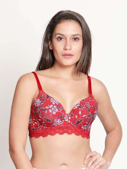 Susie Fiery Red Floral Printed Padded Wired Bottom Lace Bra