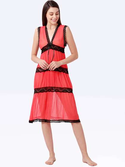 Shyle Coral Red Mesh Deep V-Neckline Babydoll
