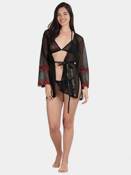 Shyle Black Red Lace With Contrast Glitter Mesh Sleeve Babydoll