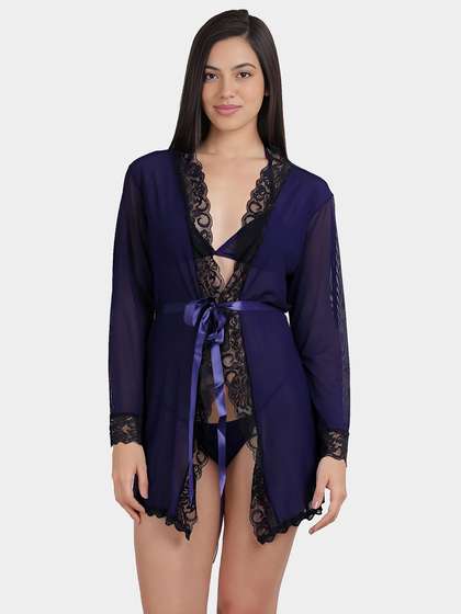 Shyle Dazzling Blue With Black Contrast Lace Robe Babydoll