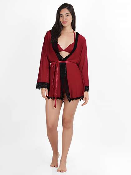 Shyle Red With Black Contrast Lace Robe Babydoll