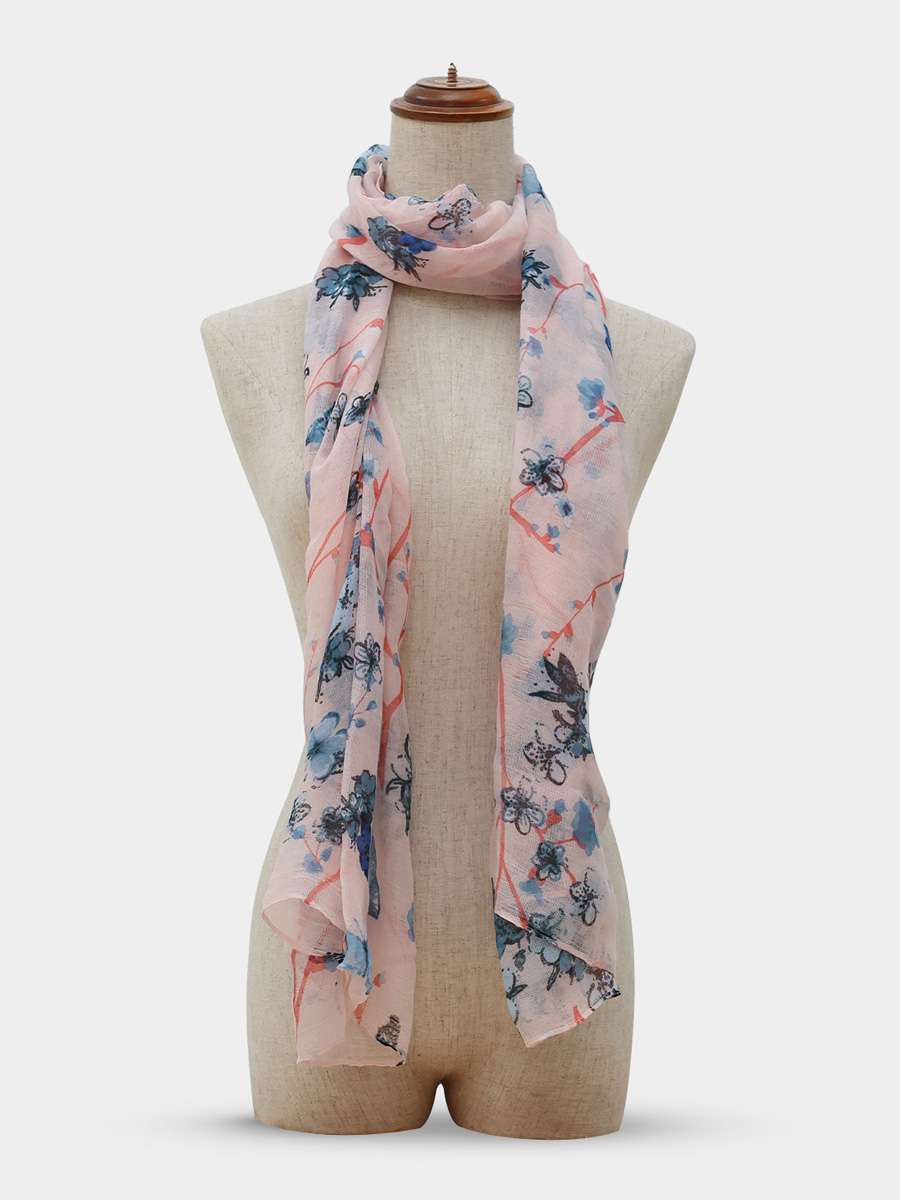 Shyle Shadow Pink Blue Floral Printed Cozy Soft Scarf