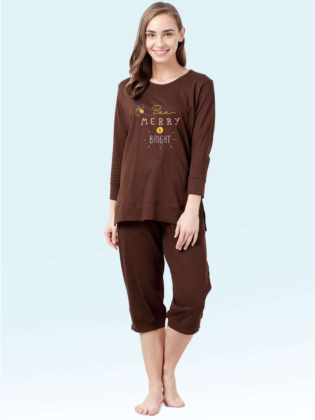 Buy Shyaway Chocolate Brown 3/4 Sleeve Capri Night Suit For Women