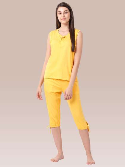 Shyaway Sunshine Yellow Solid Sleeveless Nightwear Capri Set