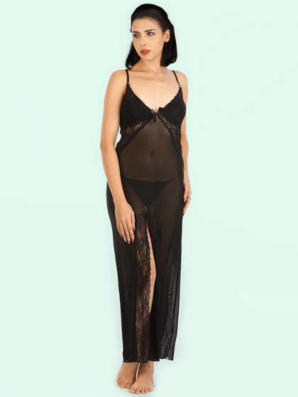 Shyle Black Deep V-neck Mesh Babydoll With Lace Front Slit 