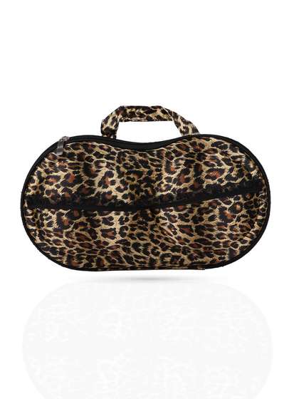Shyle Brown Black Cheetah Print EVA Travel Bra Bag With Ruffle Organza Ribbon At Front