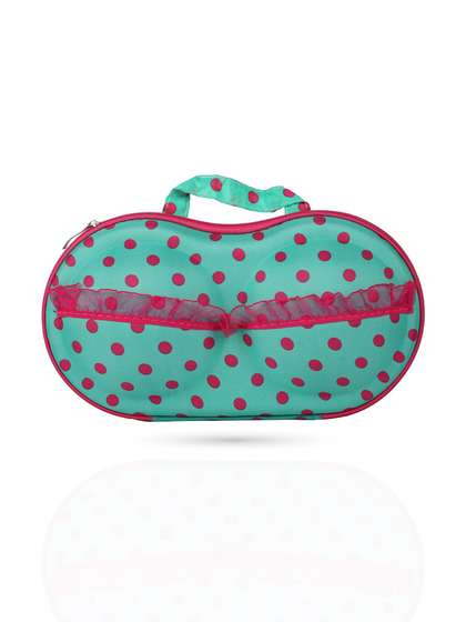 Shyle Green Pink Polka Dot Print EVA Travel Bra Bag With Ruffle Organza Ribbon At Front