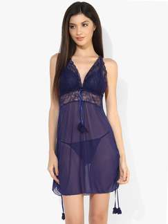 Shyle Ink Blue Racer Back Mesh Babydoll With Ruched Side Seam 