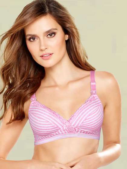 Shyle Light Pink Striped Laced Neckline Nursing Bra