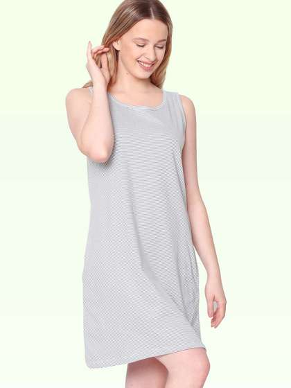Shyaway White Grey Thin Stripes Sleeveless Nightgown
