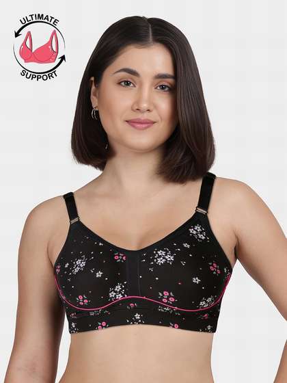 Susie Black Beauty Floral Printed Contrast Piping Moulded Wirefree Bra