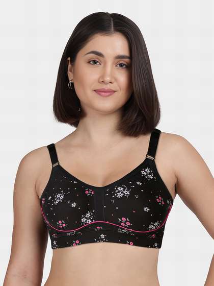 Susie Black Beauty Floral Printed Contrast Piping Moulded Wirefree Bra