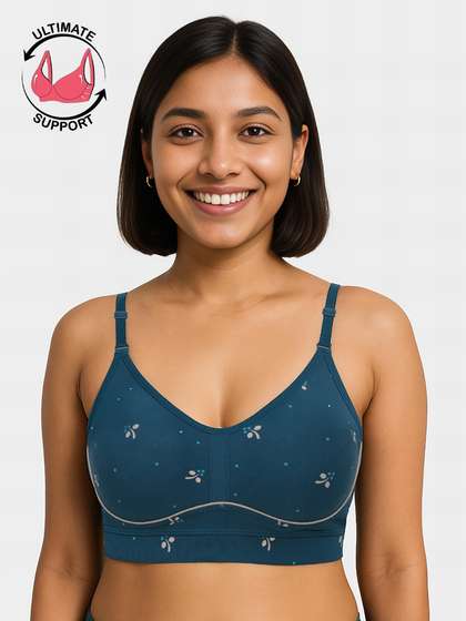 Susie Coral Blue Floral Printed Contrast Piping Moulded Wirefree Bra